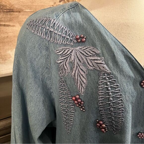 Vintage Denim Oversized Appliquéd Beaded Jacket size Large - Picture 5 of 12